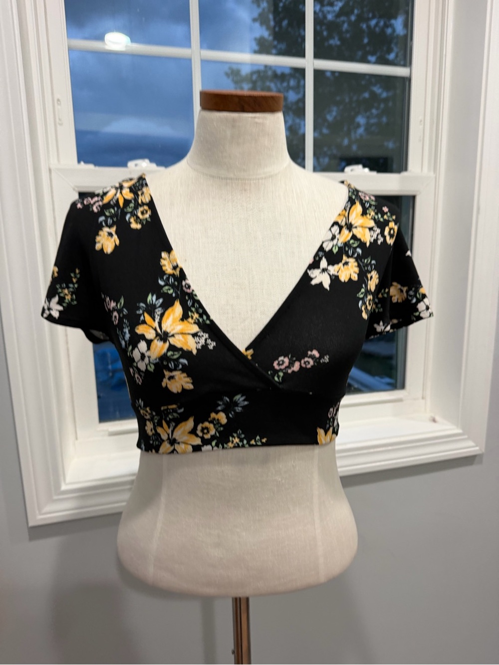 Black Floral Wrap Crop Top with Yellow Blooms